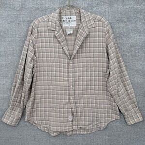Frank & Eileen Women Sz‎ L Tan Plaid Long Sleeve Button Down Shirt Cotton Italy